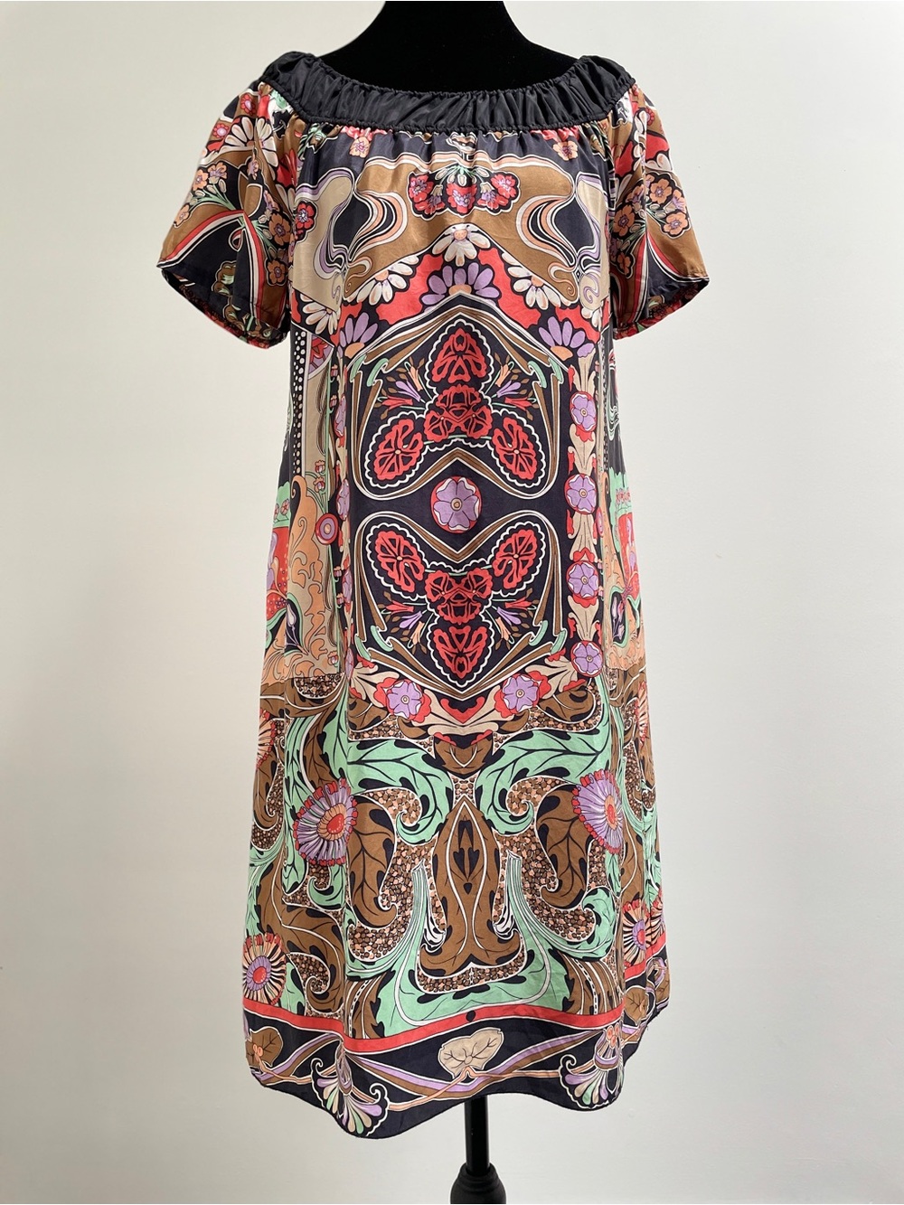 Anna Sui for Anthropologie 100% Silk Boho Print Shift Dress Size 2